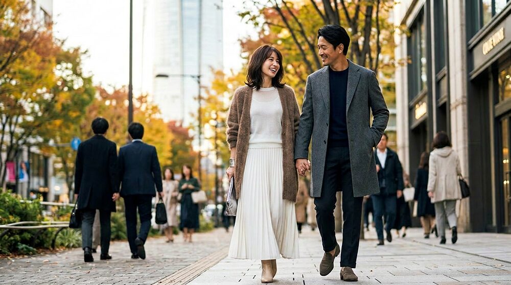 40代秋のデート服:モヘアカーディガンで秋らしい服装の女性のデート風景の画像