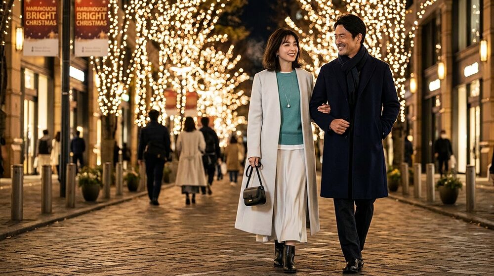 40代冬のデート服:冬のロングコートとストレートスカートを履いた女性のデート画像