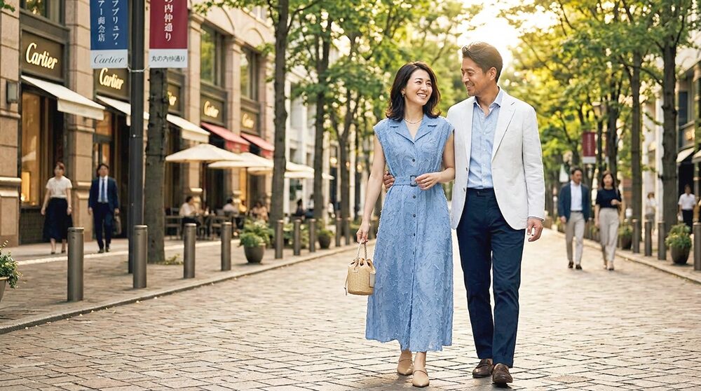 40代夏のデート服:夏の綺麗色ワンピースを着た女性がデートしている画像