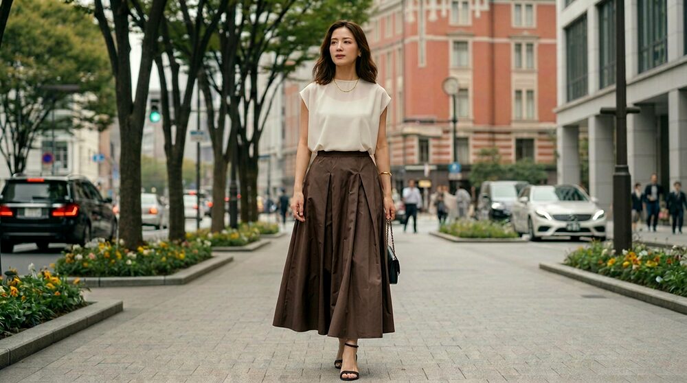 40代秋のデート服:夏服に秋色スカートをプラスした女性の画像