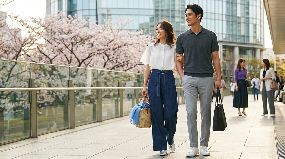 40代春のデート服:シフォン素材のトップスとデニムを合わせた春らしいコーデの画像