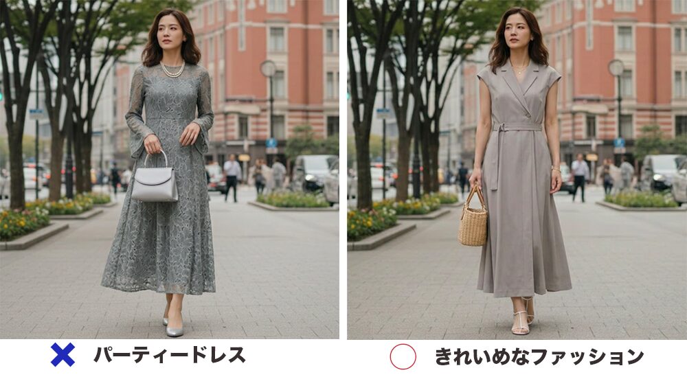 40代デート服:気合いを入れ過ぎたファッションときれいめファッションの比較画像