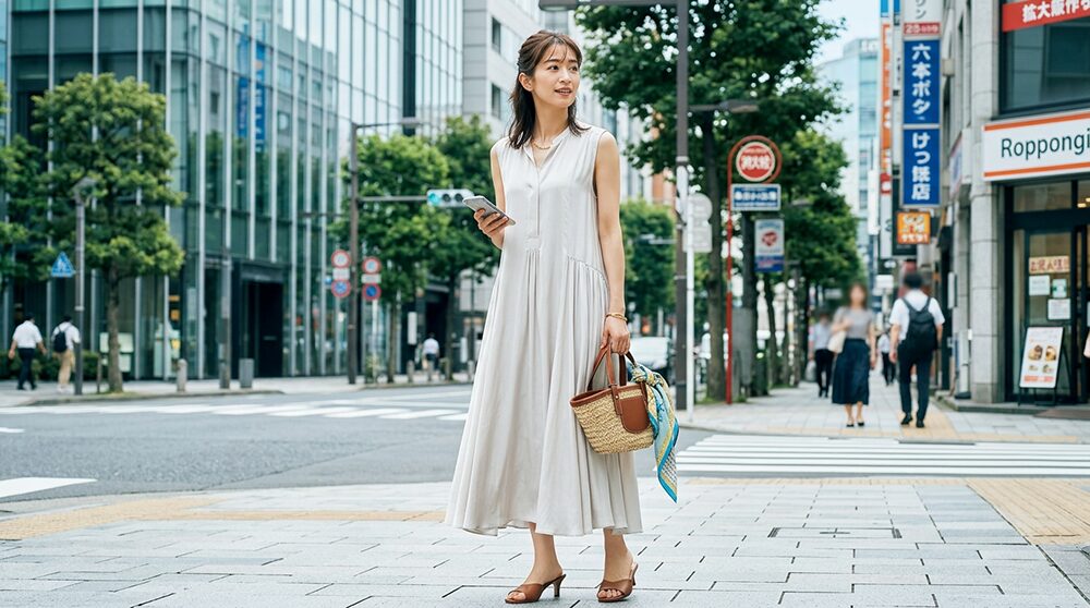 40代デート服:清潔感のある40代のワンピース画像