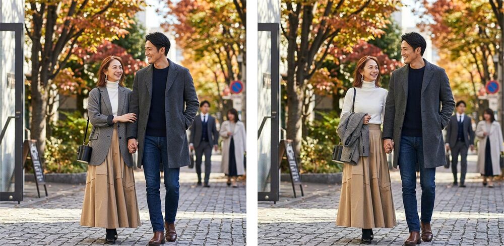 40代秋のデート服:ジャケットを着ている時と脱いでいる時のコーデの画像