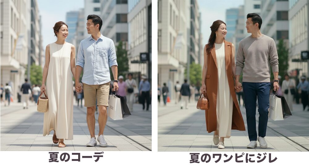 40代秋のデート服:秋色のジレを夏物のワンピースに合わせたコーデの画像