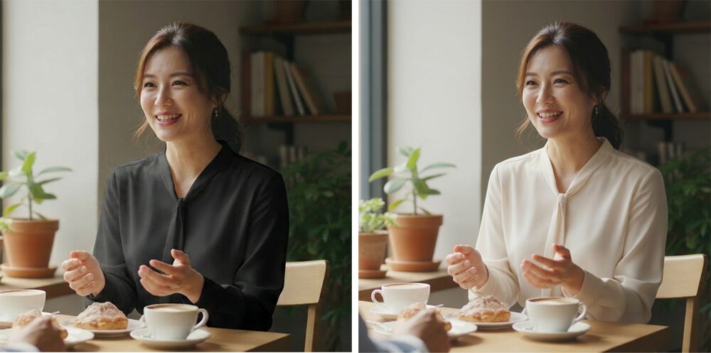 40代女性の黒の服と白の服の比較の画像